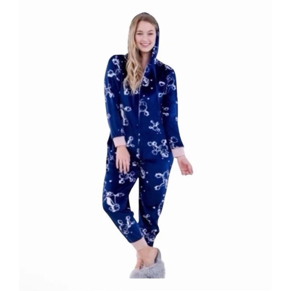 Hale Bob Poodle Print Hooded Pajama Jumpsuit Navy Cozy Loungewear NWT Medium